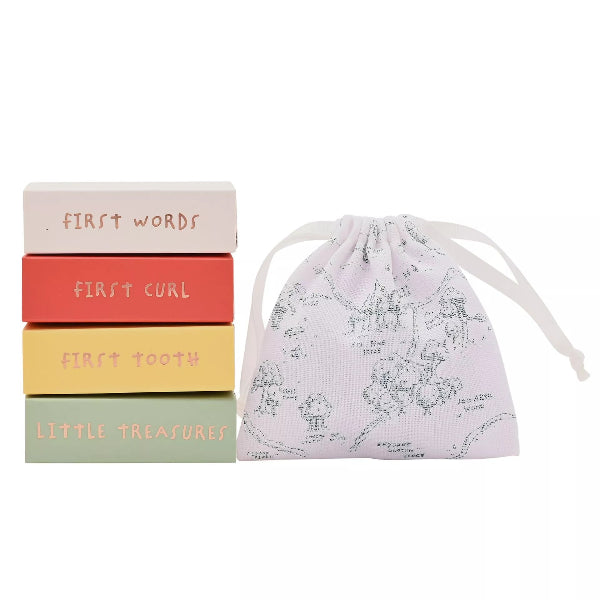 Set of baby milestone boxes with a drawstring bag on a white background