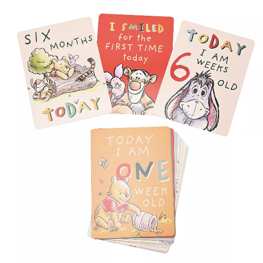 Set of Winnie the Pooh milestone cards for baby's first year on a white background