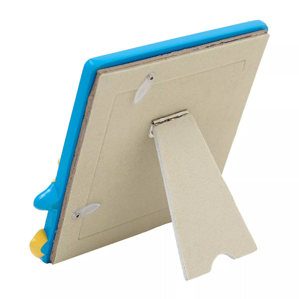 Beige picture frame with blue border and stand on a white background