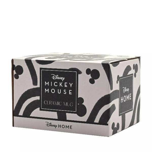 Box packaging of a Disney Mickey Mouse ceramic mug with black and white design.