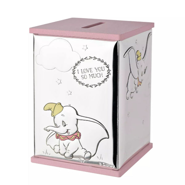 Children's piggy bank with Dumbo design and 'I love you so much' text on a white background