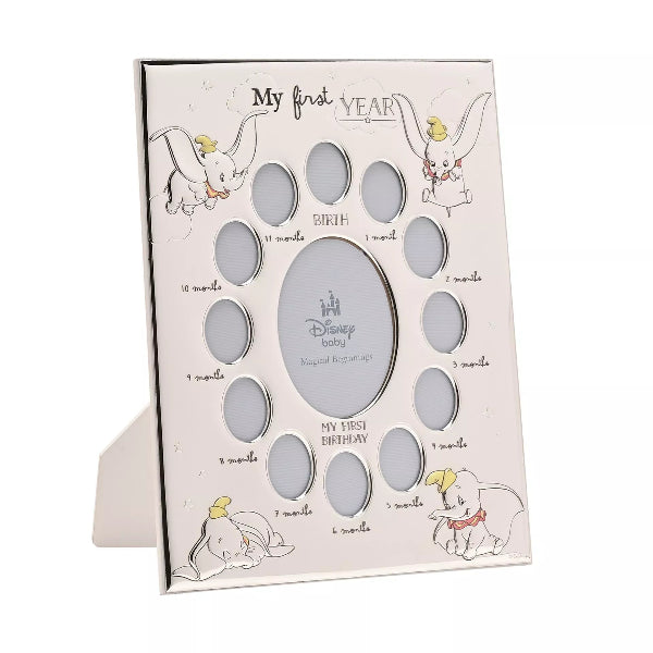 Baby milestone card with Dumbo illustrations and text on a white background