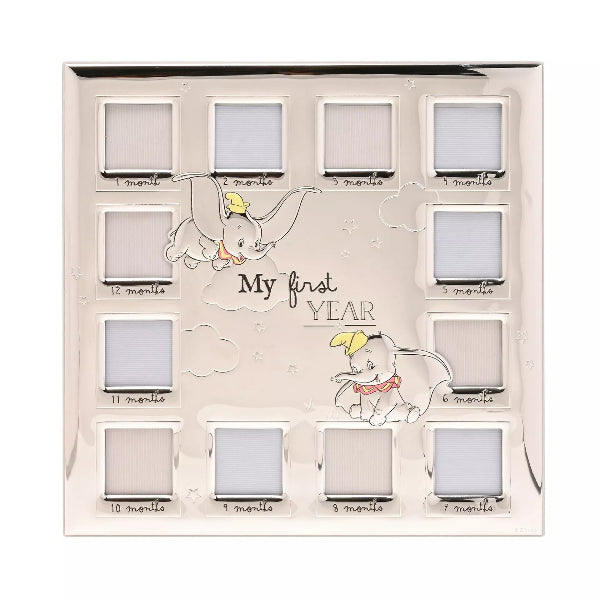Baby photo frame with Dumbo illustration and milestone markers on a white background