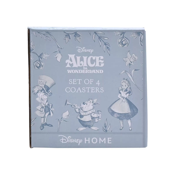 Set of 4 Alice in Wonderland coasters packaging with characters and Disney Home branding.