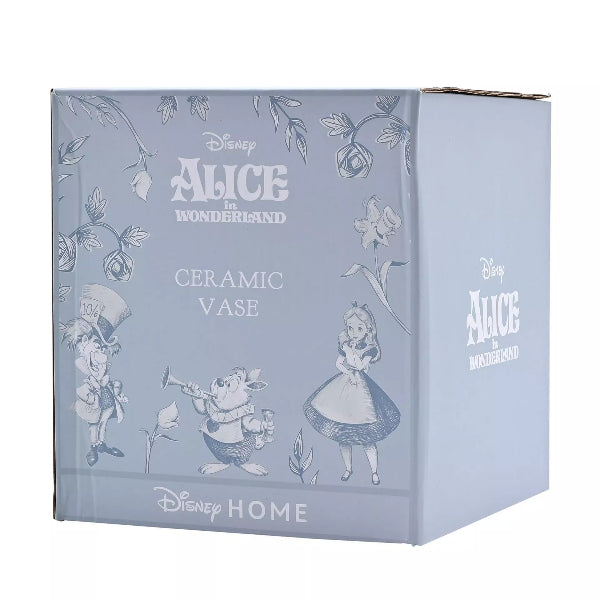 Box for a Disney Alice in Wonderland ceramic vase with illustrations of characters on a light blue background.