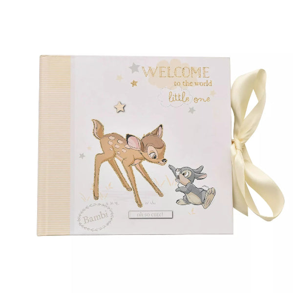 Book with Bambi and Thumper illustration and 'Welcome to the world little one' text on a white background.