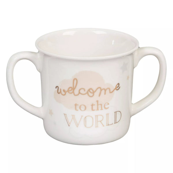 White mug with 'welcome to the world' text on a white background