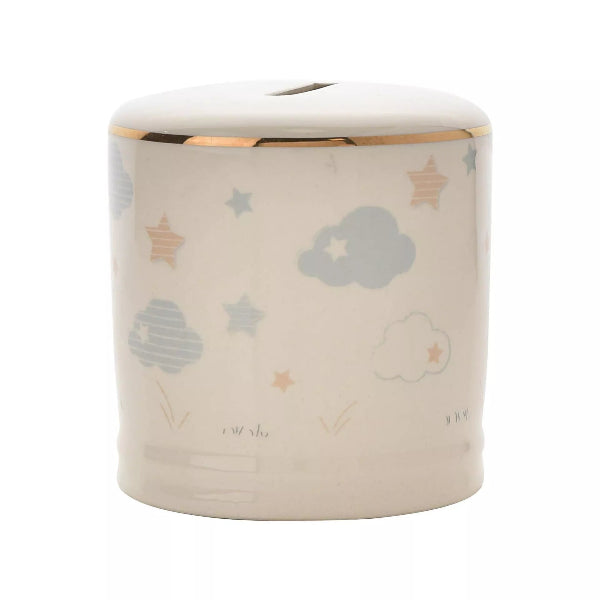 Ceramic money box with star and cloud patterns on a white background