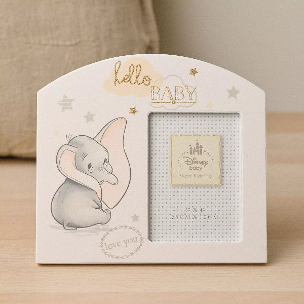 Baby photo frame with Dumbo illustration and 'hello BABY' text on a neutral background