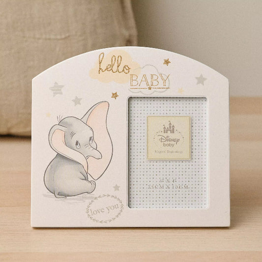 Baby photo frame with Dumbo illustration and 'hello BABY' text on a neutral background