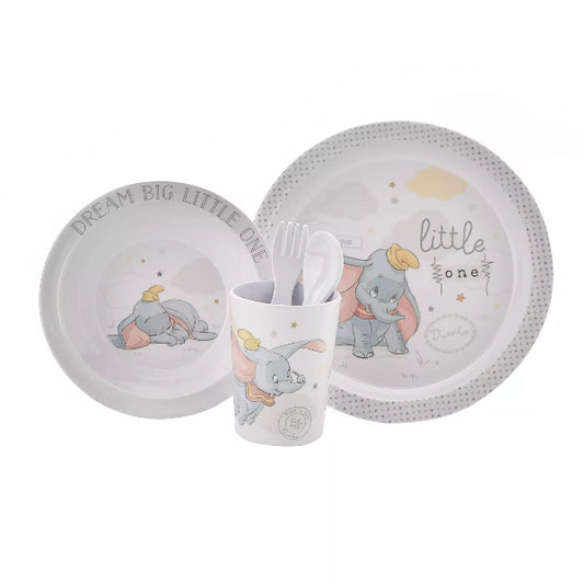 Children's dinnerware set with elephant design on a white background