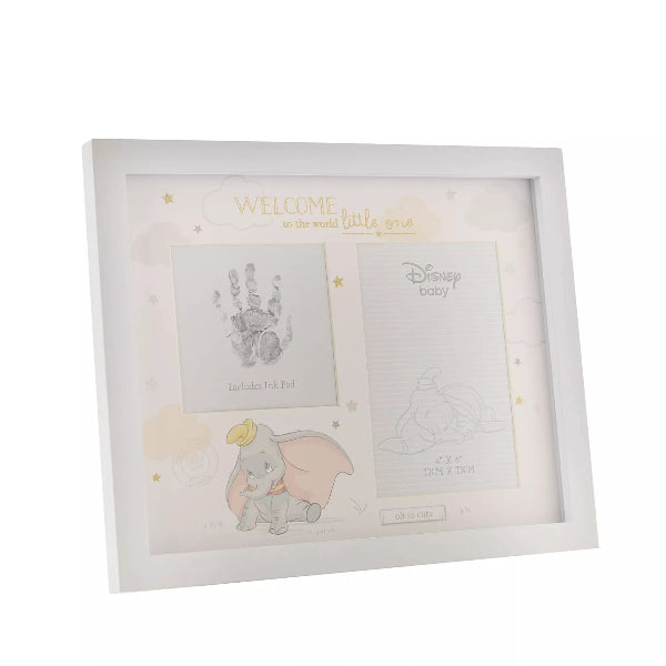 White photo frame with baby-themed designs and text on a white background