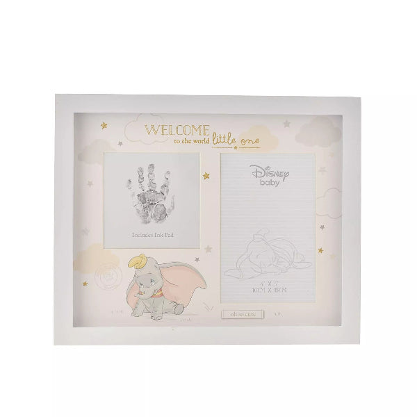 Framed baby milestone card with Dumbo from Disney, featuring handprint and footprint space.