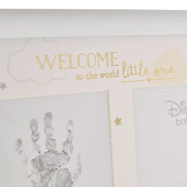 Baby shower card with handprint, 'Welcome to the world little one' text, and Disney baby logo.