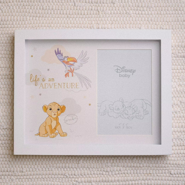 Framed Disney baby picture with Simba and Nala, featuring 'Life is an Adventure' text.