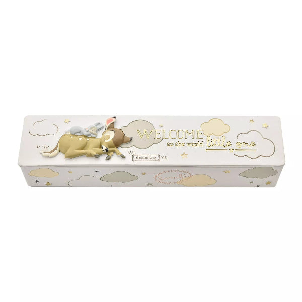Baby shower gift box with cartoon lion and text 'Welcome to the world little one' on a white background