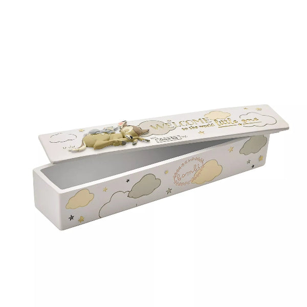 Decorative box with cloud and star patterns on a white background