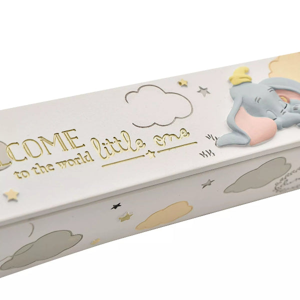 Baby gift box with Dumbo the elephant design and 'Welcome to the world little one' text.