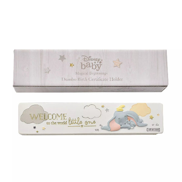 Disney baby Dumbo birth certificate holder packaging on a white background