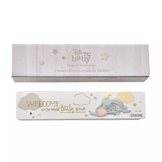 Disney baby Dumbo birth certificate holder packaging on a white background