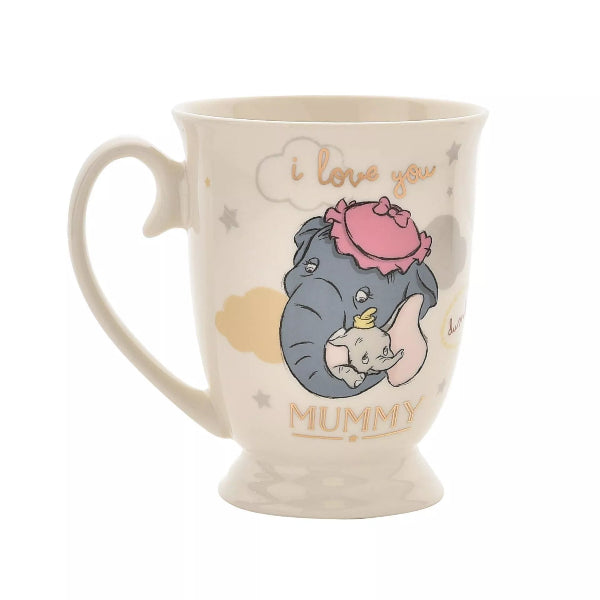 Mug with cartoon design of an elephant and baby, text 'I love you Mummy', on a white background