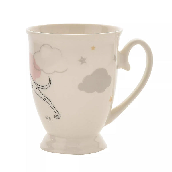 Ceramic mug with cartoon designs on a white background