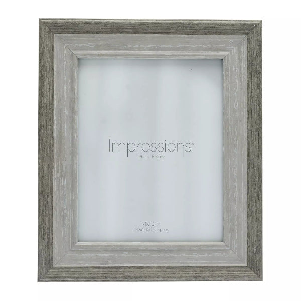 Gray wooden picture frame with 'Impressions' branding on a white background
