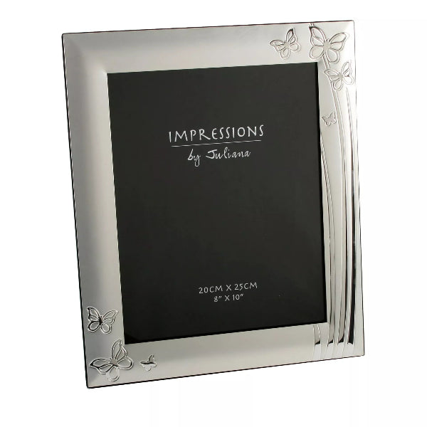 Silver photo frame with butterfly designs on a white background