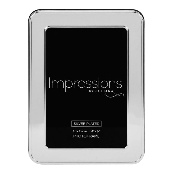 Silver-plated photo frame with 'Impressions by Juliana' branding on a white background