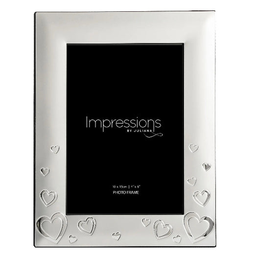 Silver photo frame with heart designs on a white background
