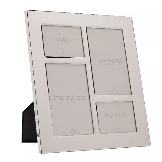 Silver multi-picture frame with 'impressions' branding on a white background