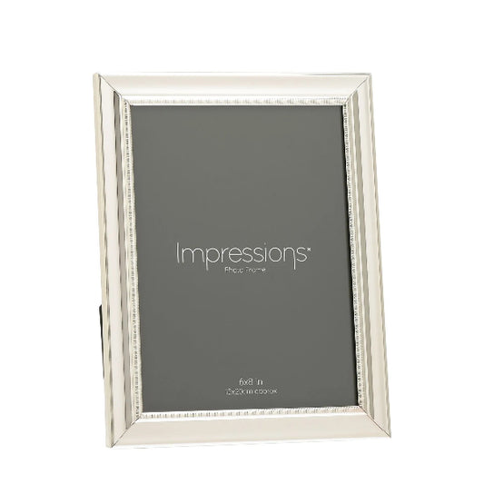 Silver photo frame with 'Impressions' branding on a white background