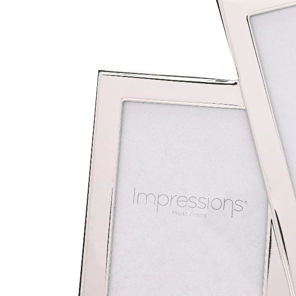 Close-up of a silver-toned Impressions photo frame on a white background, showing the brand name printed on the insert.