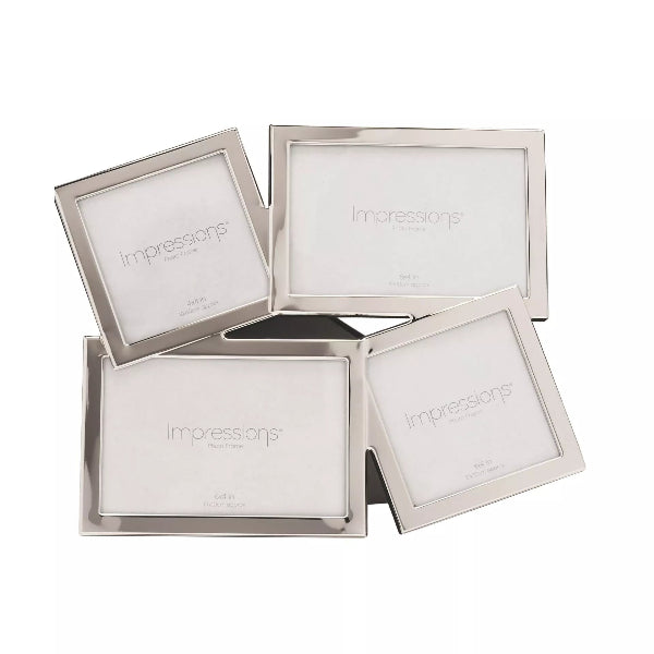 Set of silver picture frames with 'impressions' branding on a white background