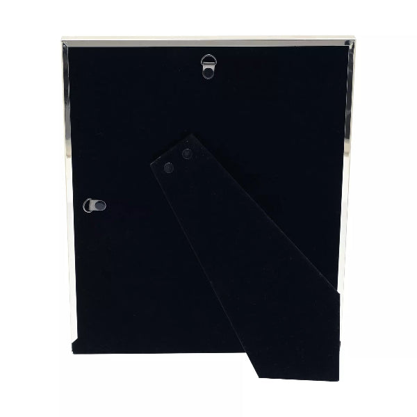 Black rectangular object with metal frame on a white background