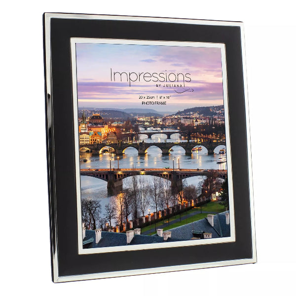 Black photo frame with a scenic cityscape print on a white background