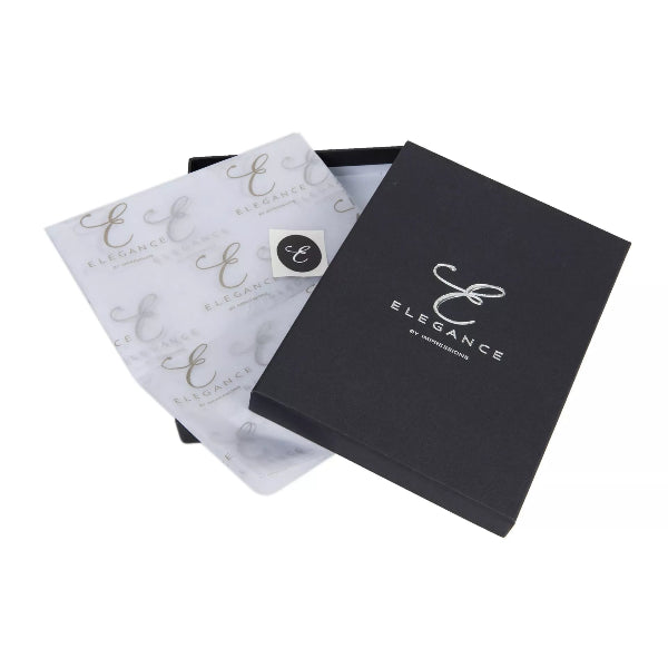 Black jewelry box with 'Elegance' branding on a white background