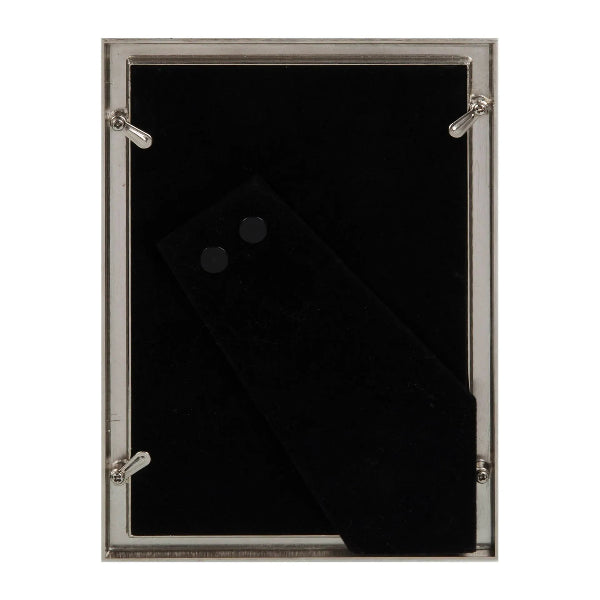 Black rectangular object with a silver frame on a white background