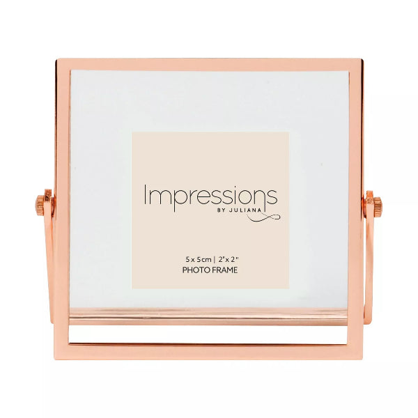 Rose gold photo frame with 'Impressions by Juliana' branding on a white background