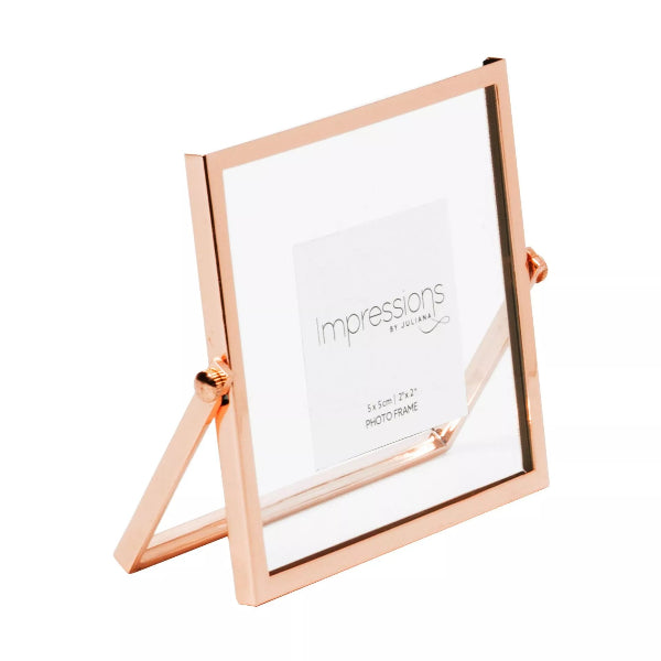 Rose gold photo frame with 'Impressions' branding on a white background