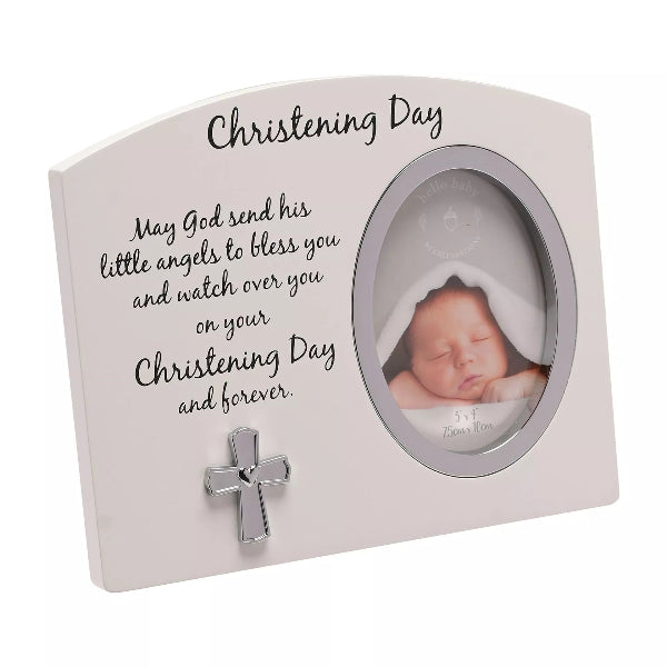 Christening photo frame with a baby's photo and cross decoration on a white background