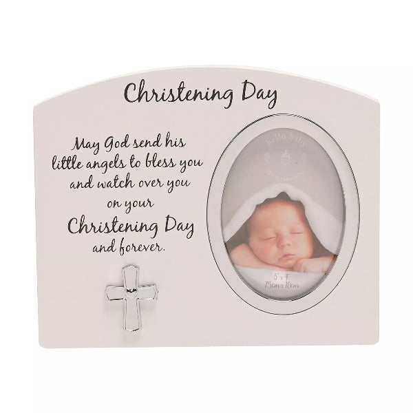 Decorative photo frame with a baby picture and Christening Day message on a white background
