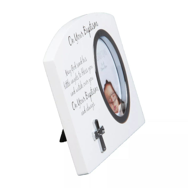 White photo frame with text and a baby photo on a white background