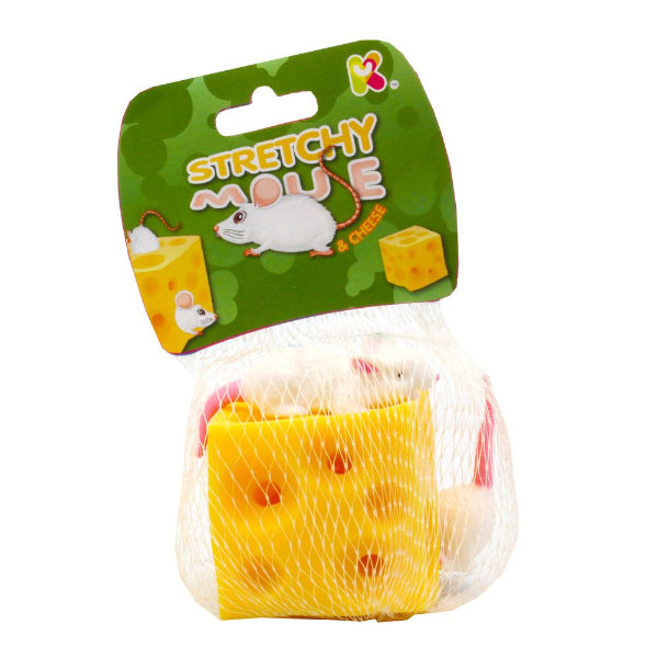 Packaged toy 'Stretchy Mouse & Cheese' with green label on a white background