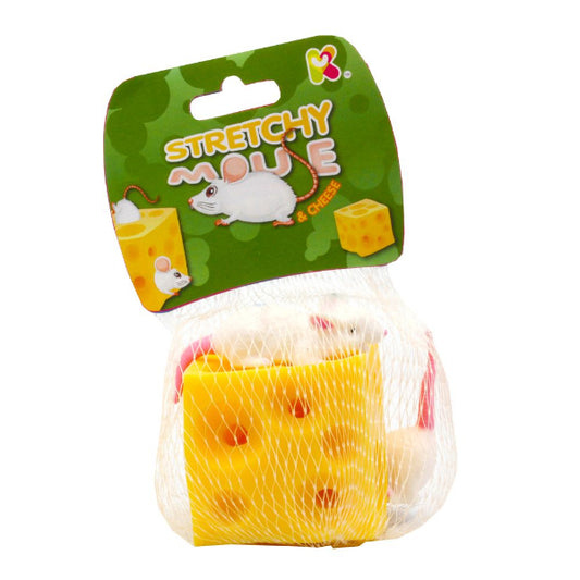Packaged toy 'Stretchy Mouse & Cheese' with green label on a white background