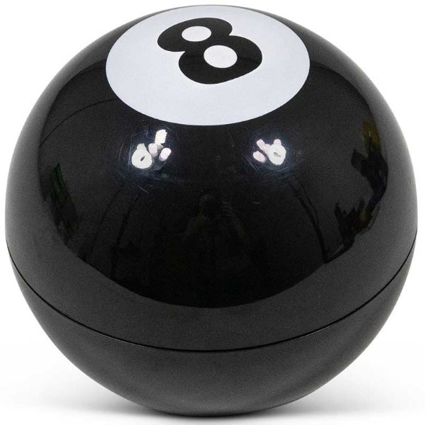 Black ball with a white circle and number 8 on a white background