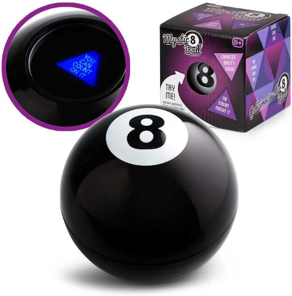 Black eight-ball with number 8 and glowing blue light, next to its packaging.