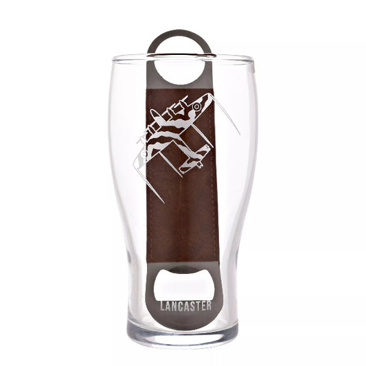 Clear glass with brown leather pull tab and airplane design on a white background