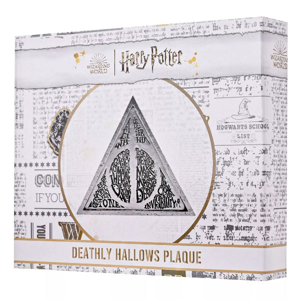 Box for a 'Deathly Hallows Plaque' from Harry Potter series with text and design elements.