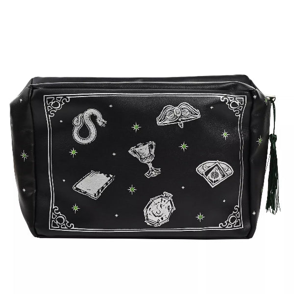 Black pouch with white illustrations of a snake, goblet, and other symbols on a white background